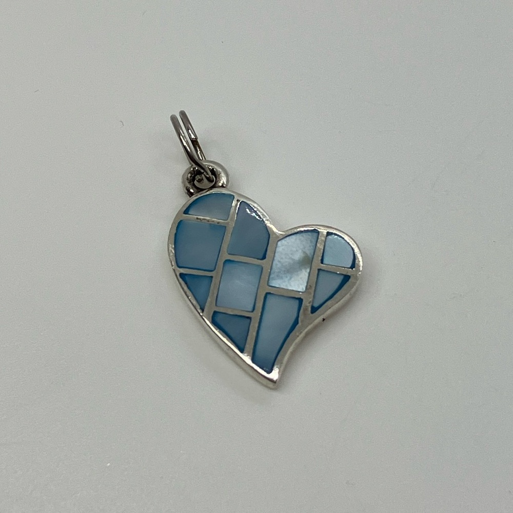 Vtg 925 Sterling Silver & Blue MOP Inlay Mosaic Heart Charm / Pendant
